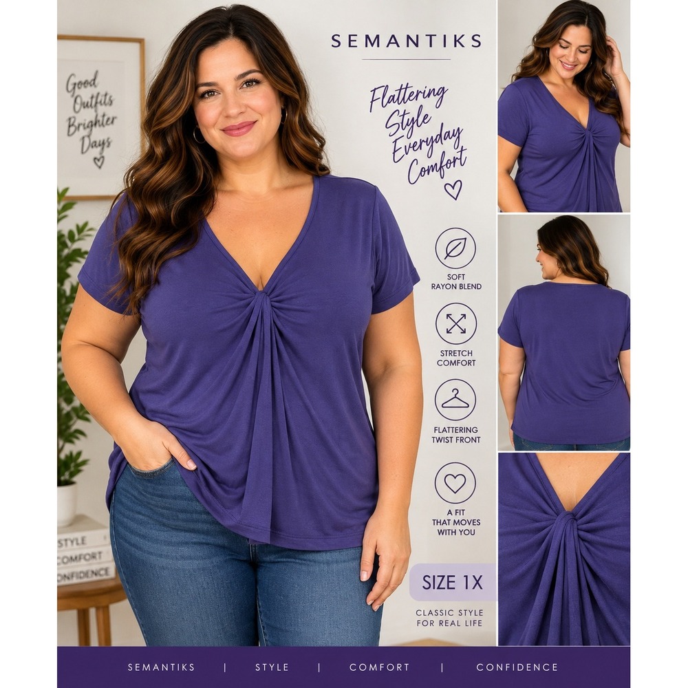 Semantiks Purple Twist Front V-Neck Short Sleeve Rayon Blend Top 1X